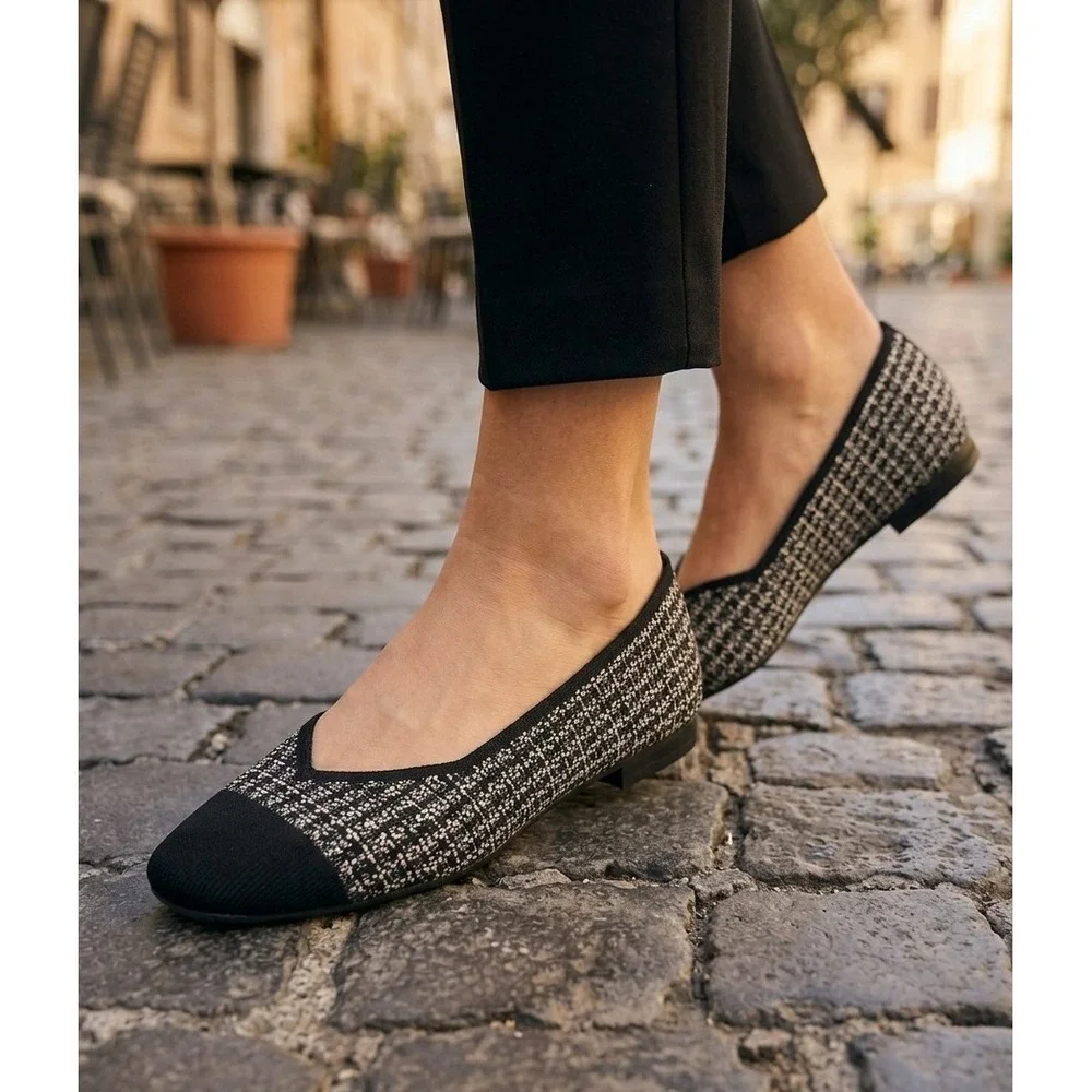 Vivaia Margot Square Toe V-Cut Tweed Knit Flats Black White EU 43W USA 11.5Wide